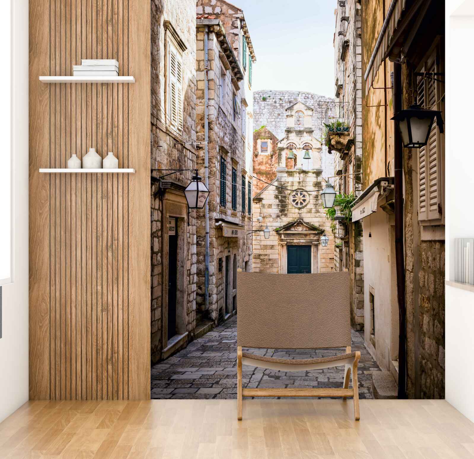 Fotobehang oude straat geplaveid met steen