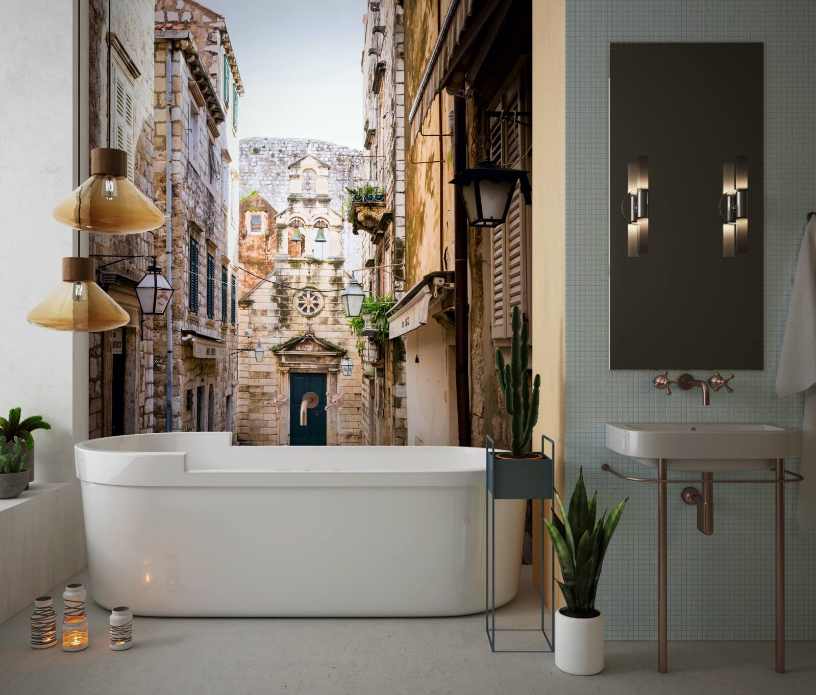 Fotobehang oude straat geplaveid met steen