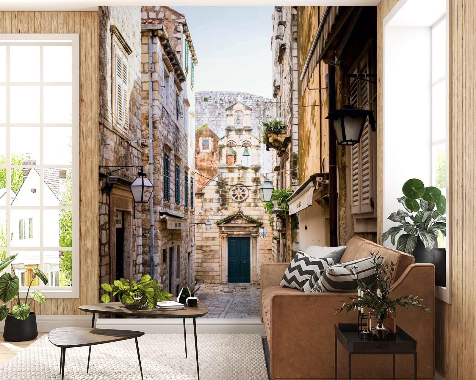 Fotobehang oude straat geplaveid met steen