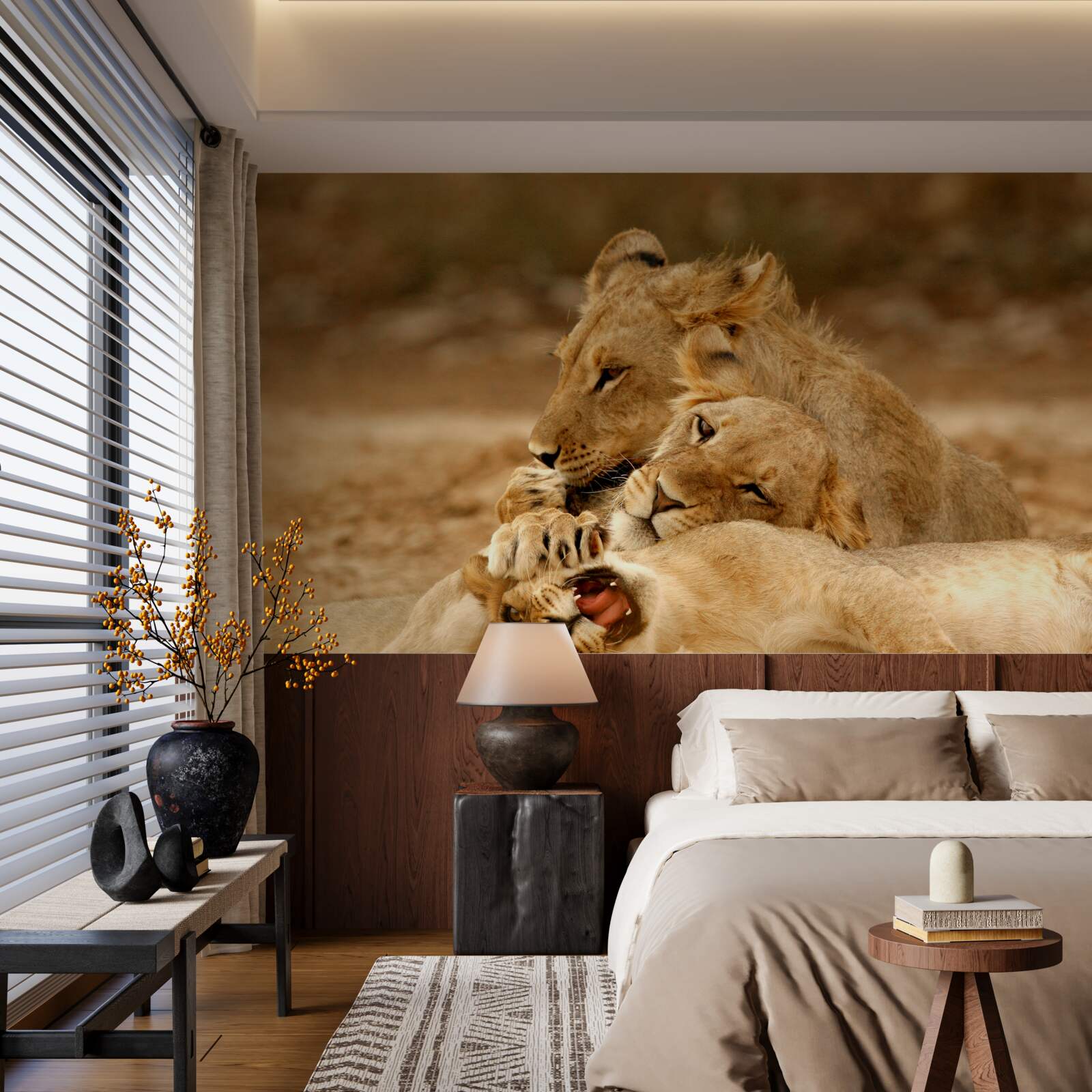 Fotobehang een leeuwenfamilie is neergestreken op een zandvlakte