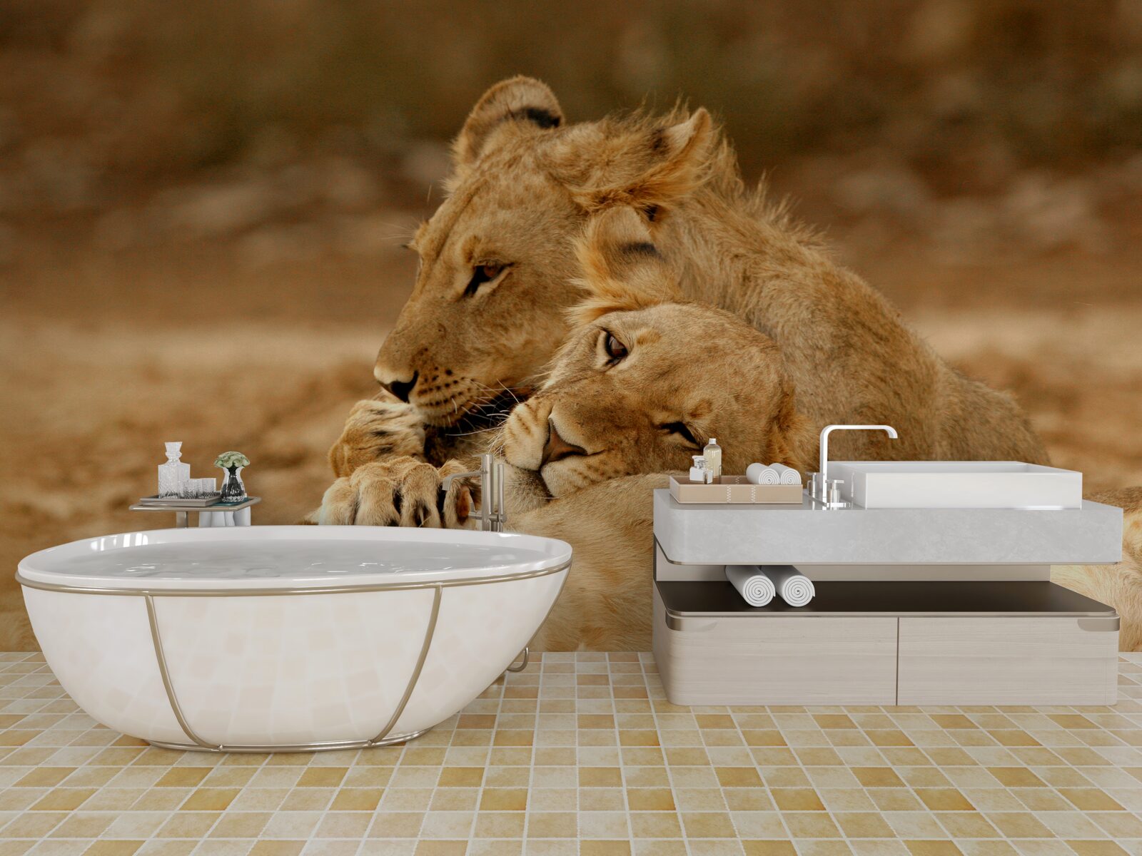 Fotobehang een leeuwenfamilie is neergestreken op een zandvlakte