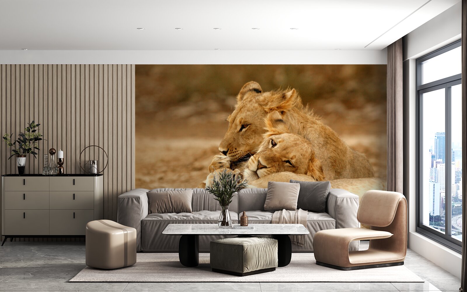 Fotobehang een leeuwenfamilie is neergestreken op een zandvlakte