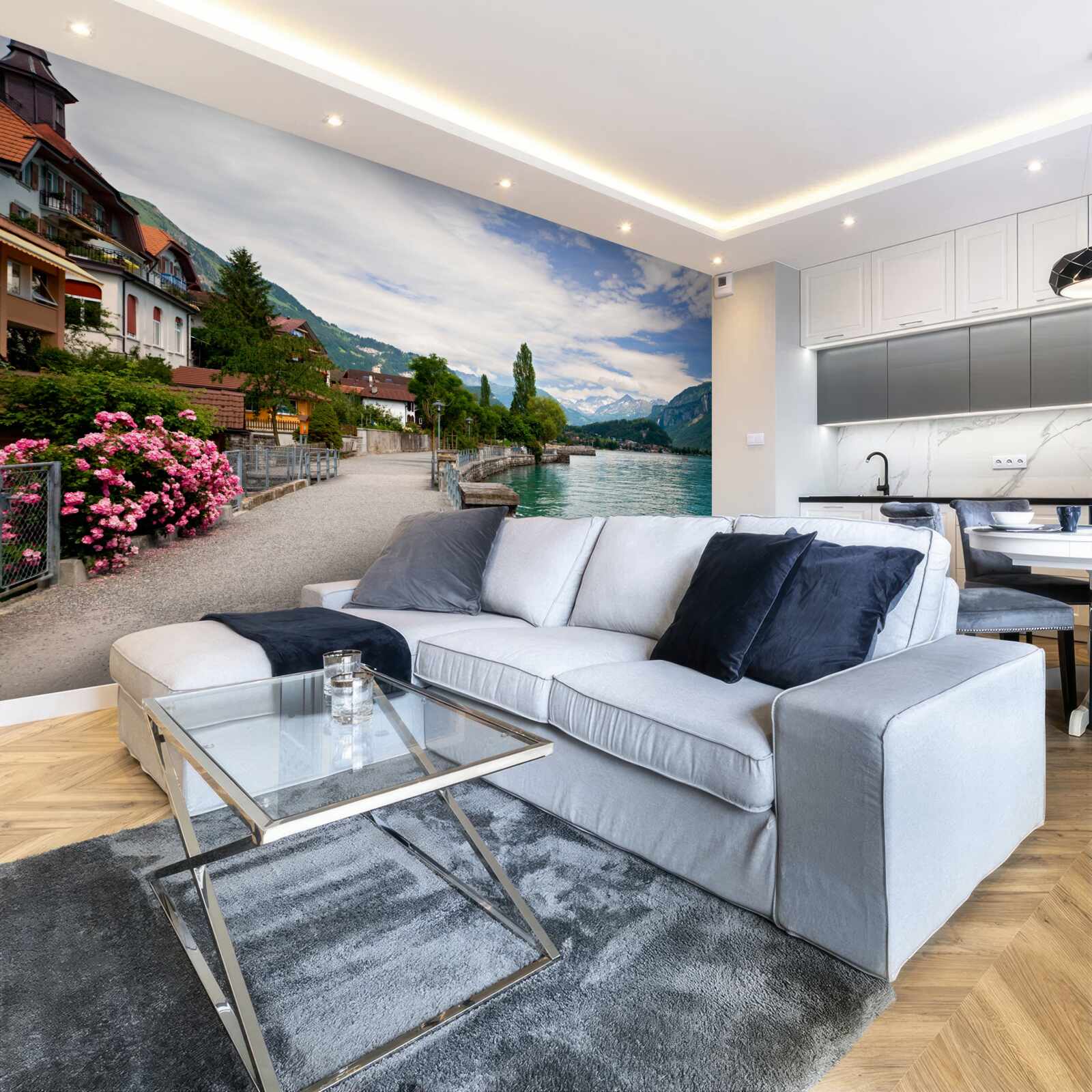 Fotobehang nederzetting in de bergen bij het stuwmeer