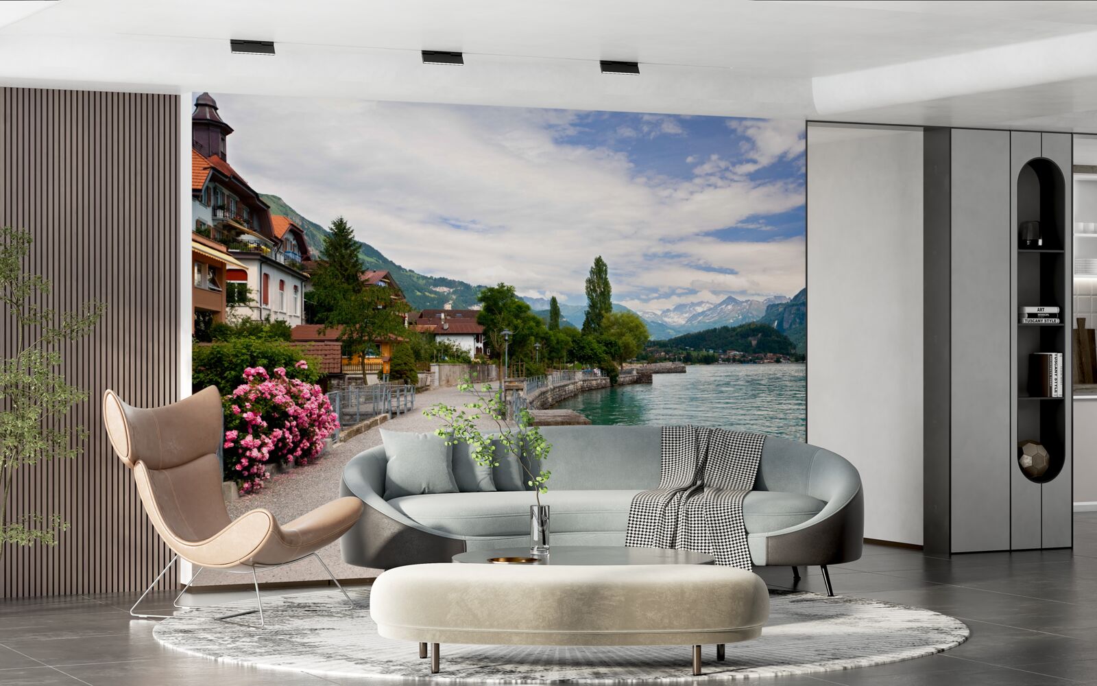 Fotobehang nederzetting in de bergen bij het stuwmeer