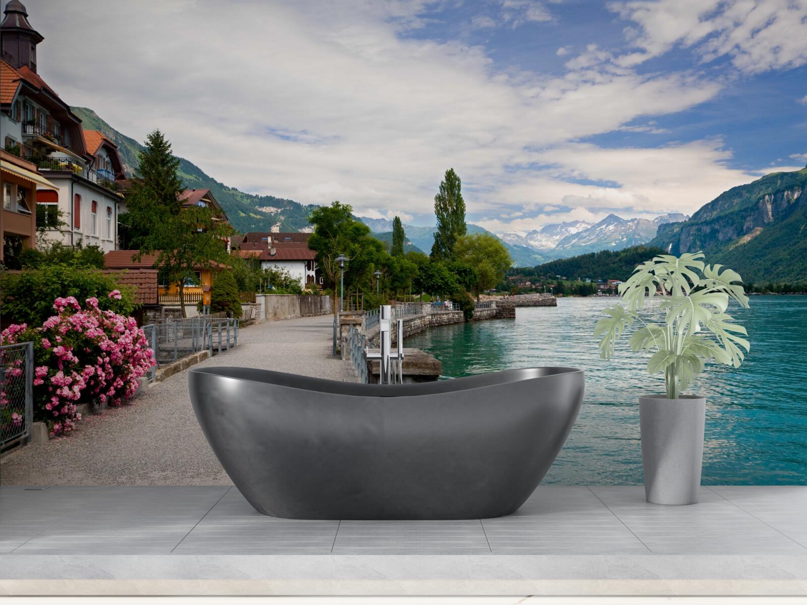 Fotobehang nederzetting in de bergen bij het stuwmeer