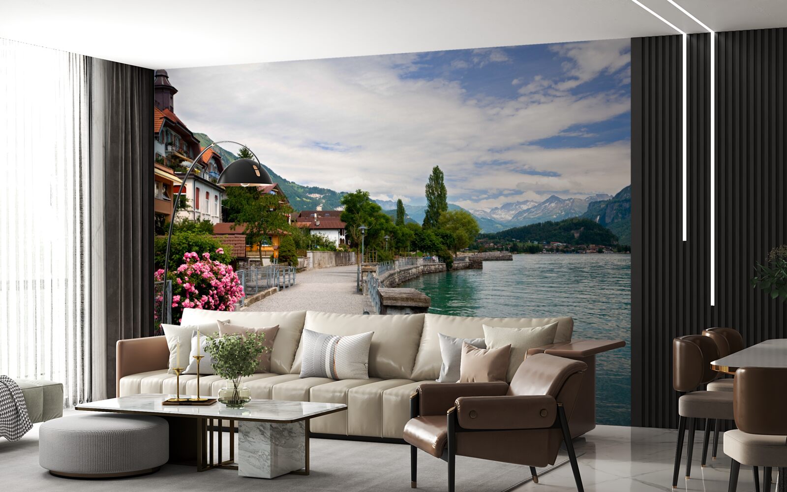 Fotobehang nederzetting in de bergen bij het stuwmeer