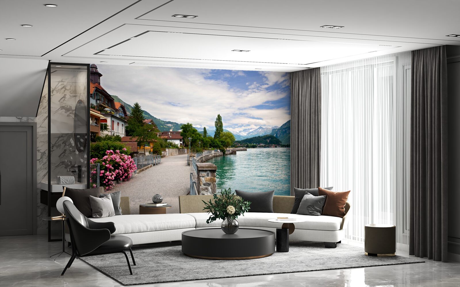 Fotobehang nederzetting in de bergen bij het stuwmeer