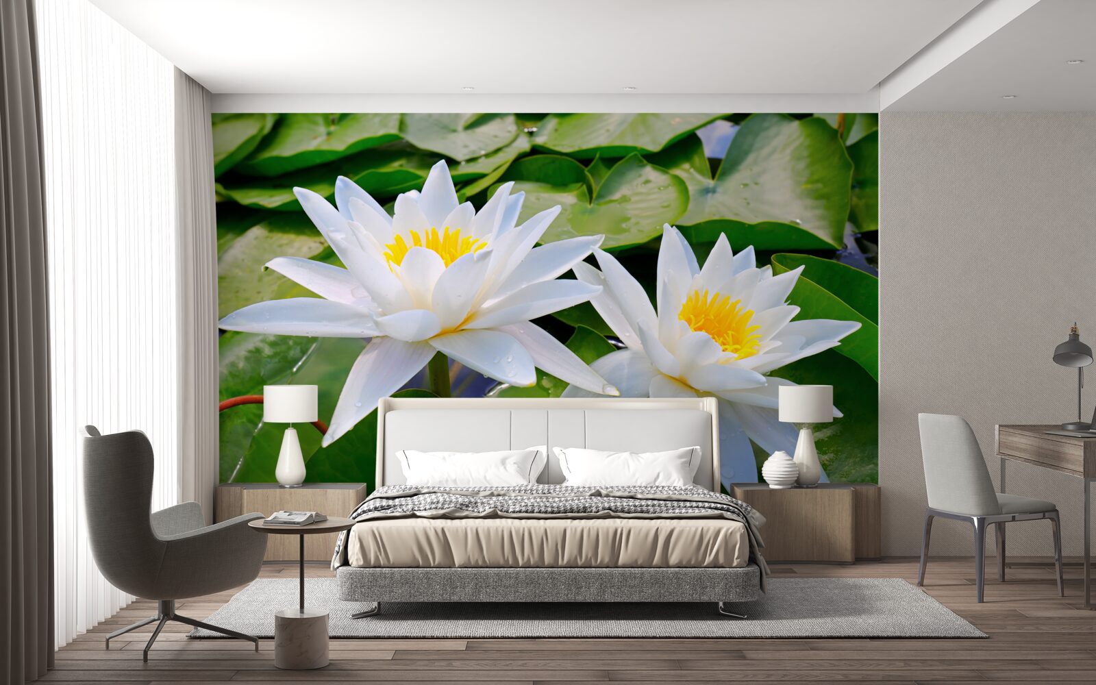 Fotobehang witte waterlelies tussen groene bladeren