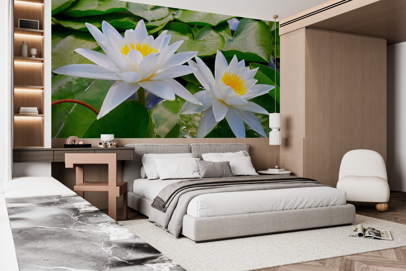 Fotobehang witte waterlelies tussen groene bladeren