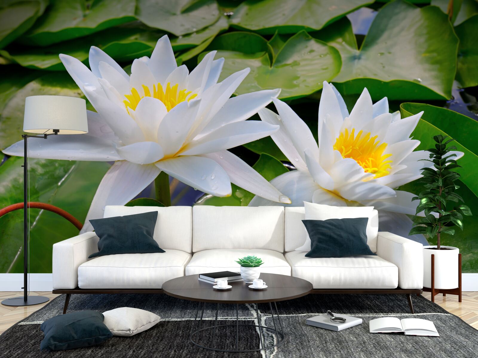 Fotobehang witte waterlelies tussen groene bladeren