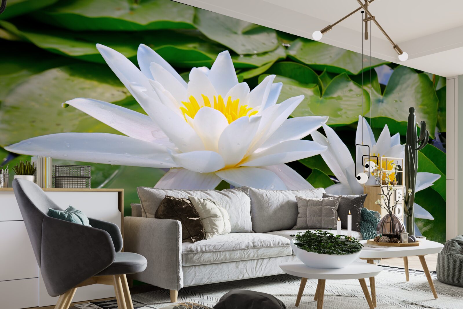 Fotobehang witte waterlelies tussen groene bladeren