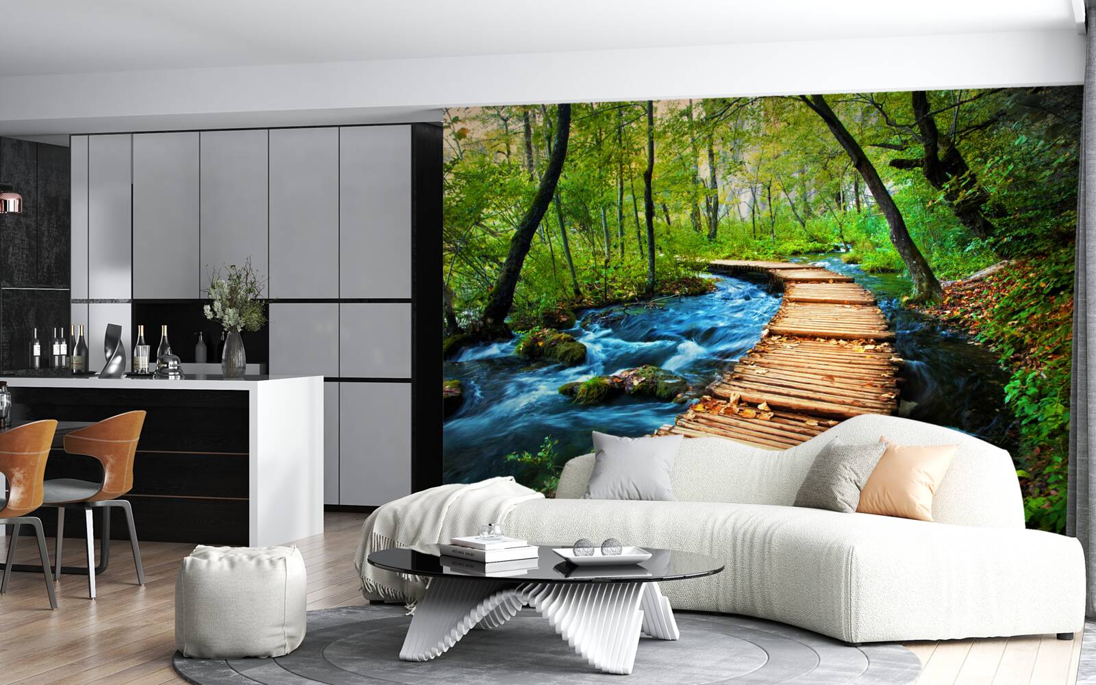 Fotobehang een houten brug over een dicht bos