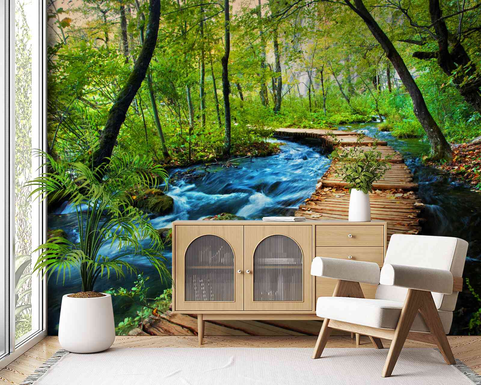 Fotobehang een houten brug over een dicht bos