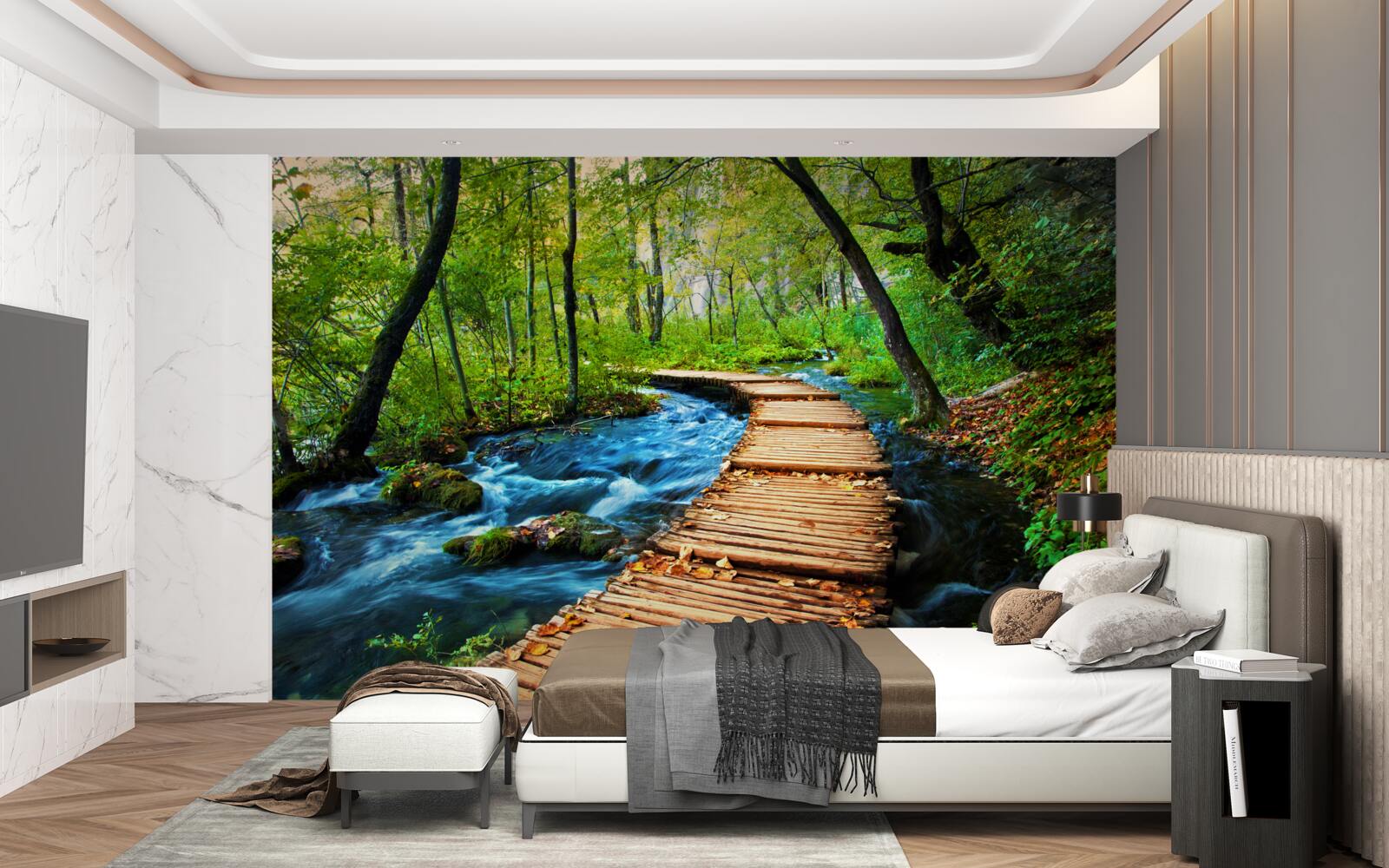 Fotobehang een houten brug over een dicht bos