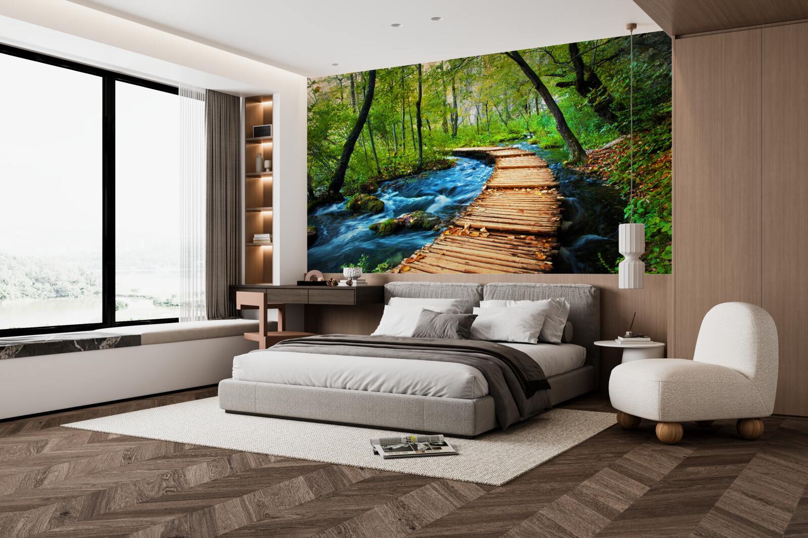 Fotobehang een houten brug over een dicht bos