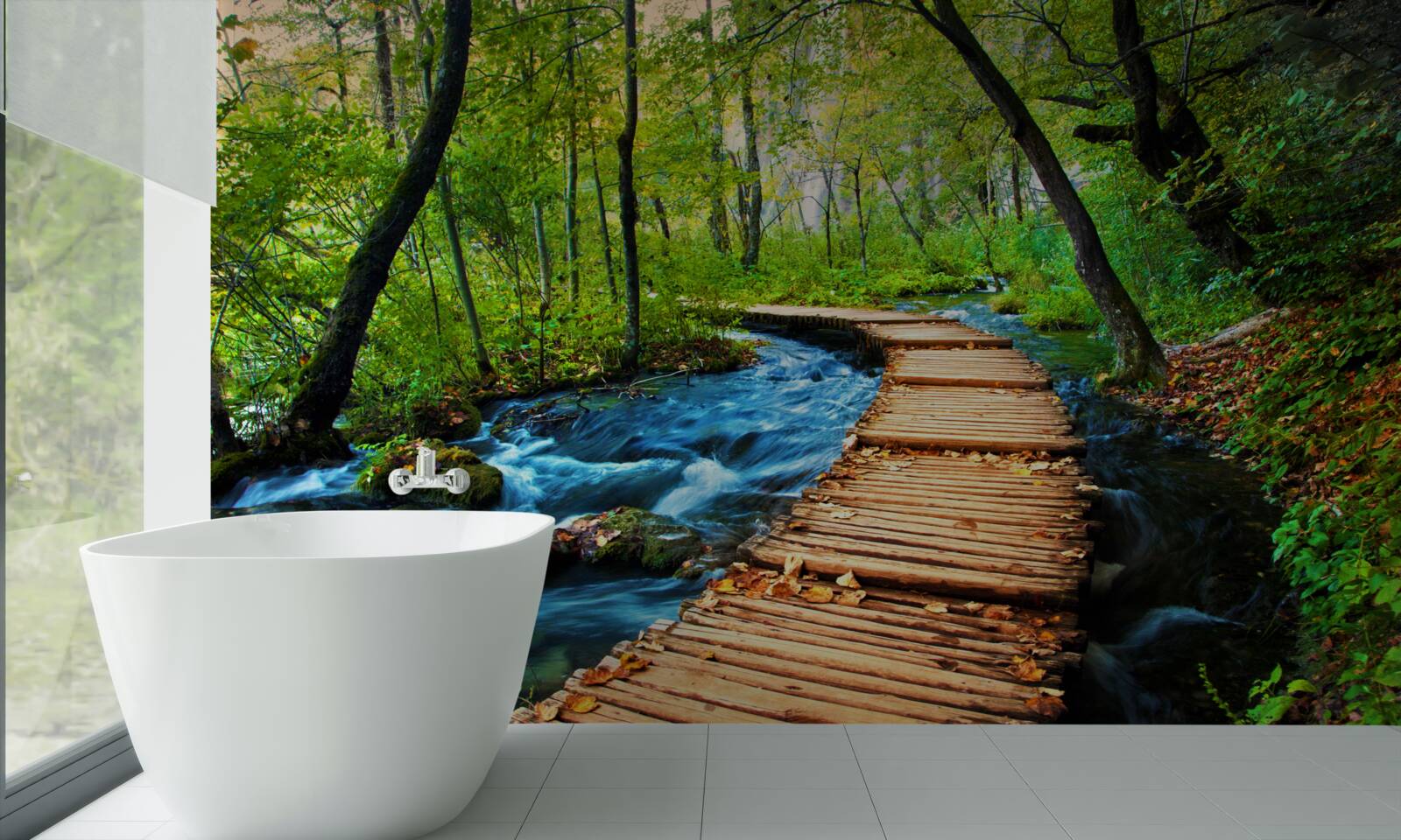 Fotobehang een houten brug over een dicht bos