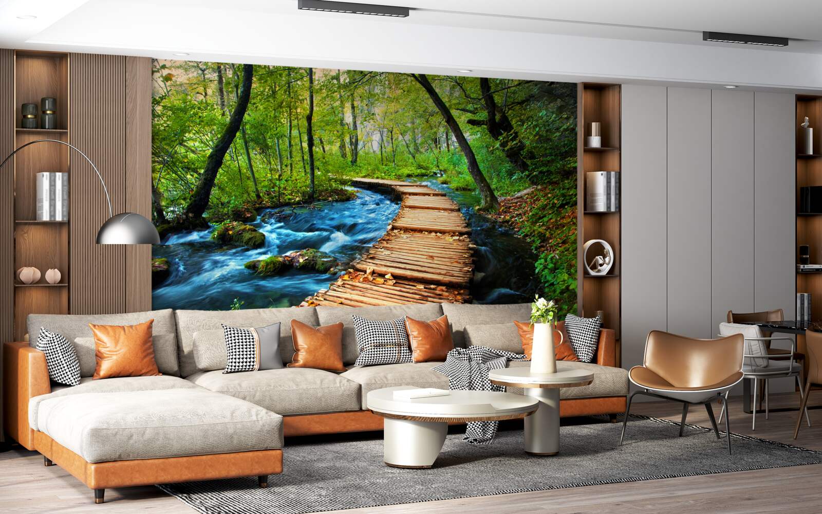 Fotobehang een houten brug over een dicht bos