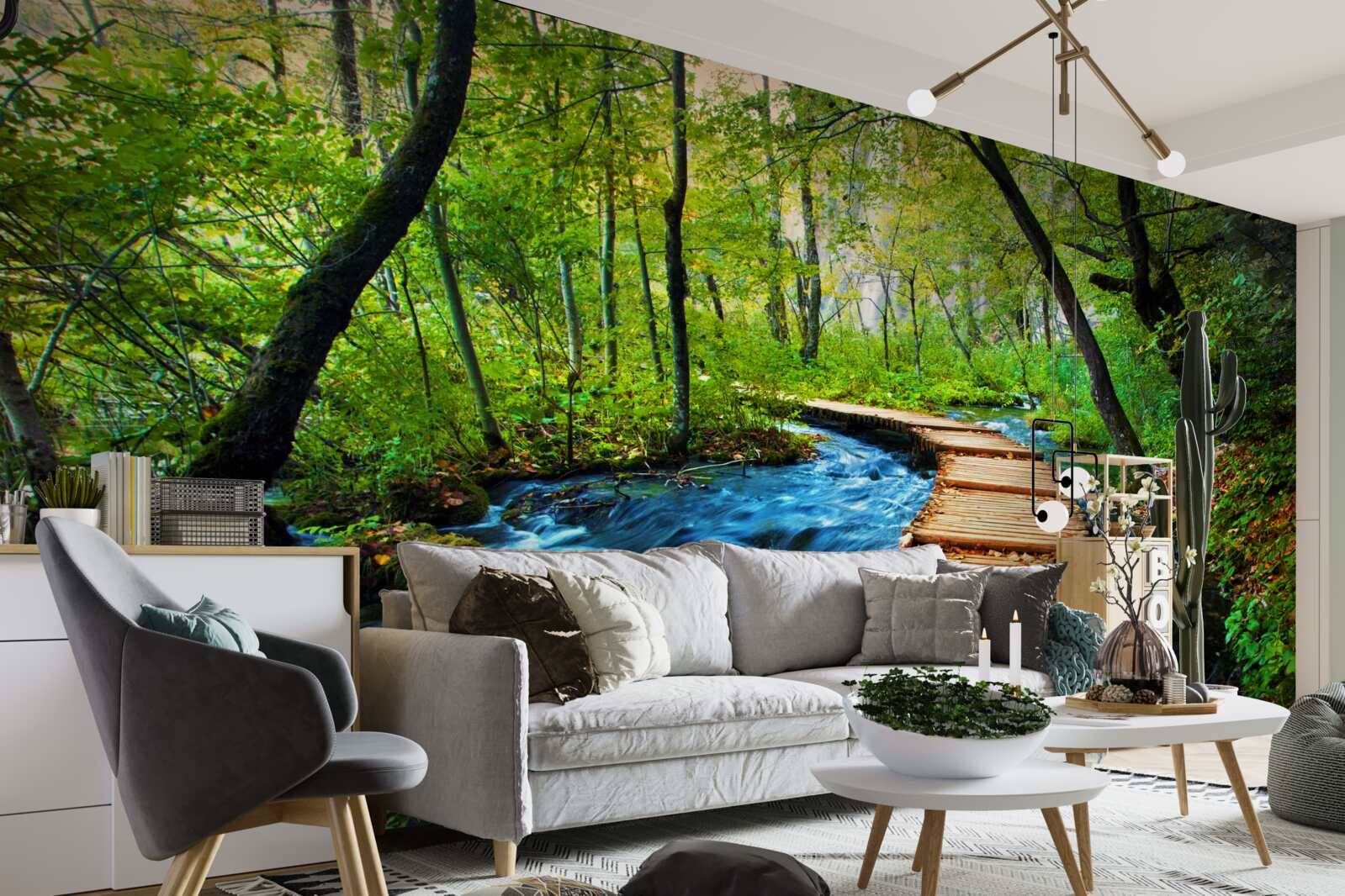 Fotobehang een houten brug over een dicht bos