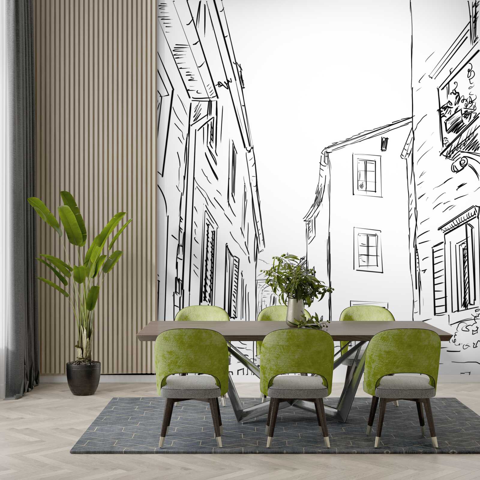 Fotobehang potloodtekening van een oude stad