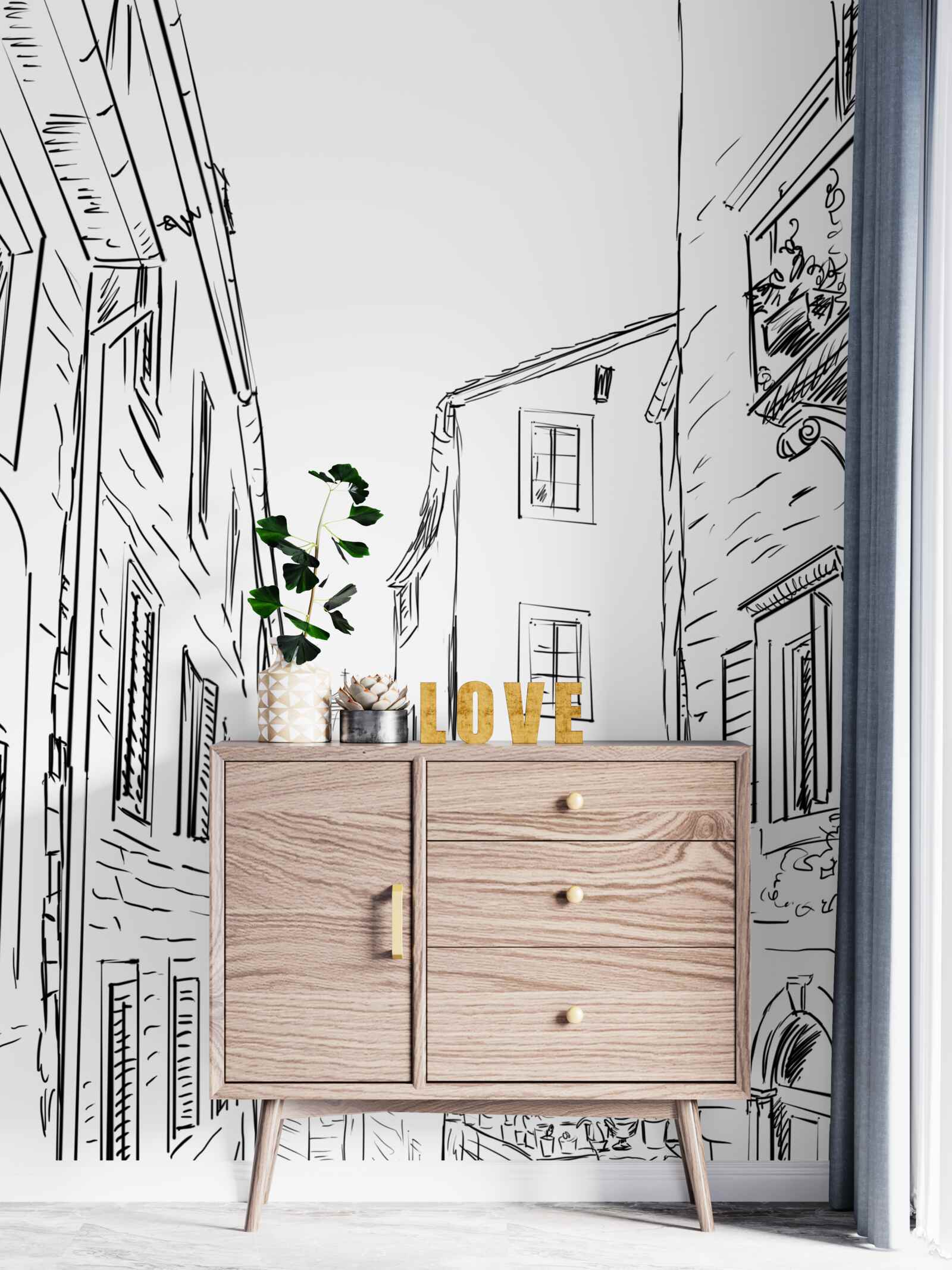 Fotobehang potloodtekening van een oude stad