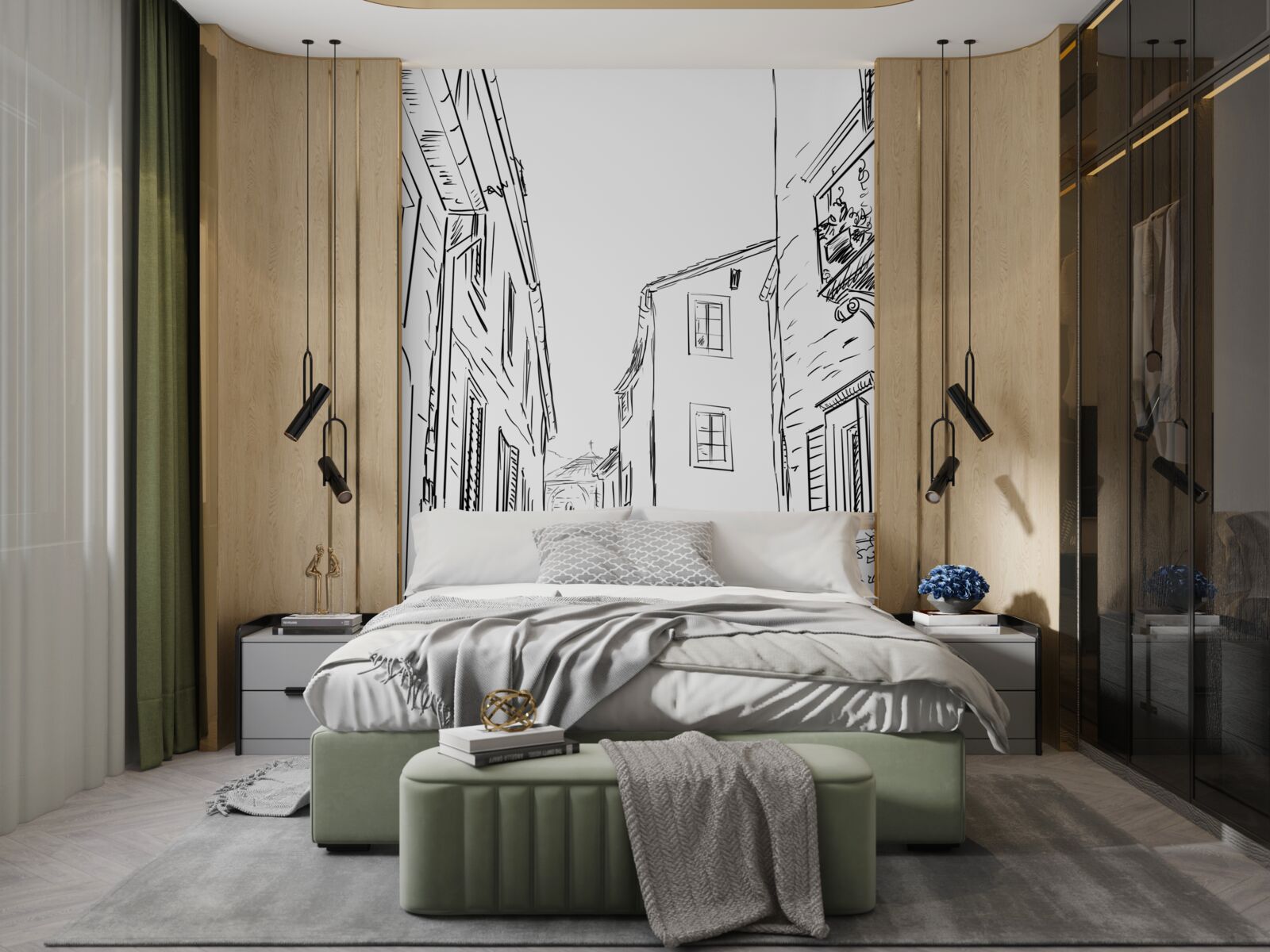 Fotobehang potloodtekening van een oude stad