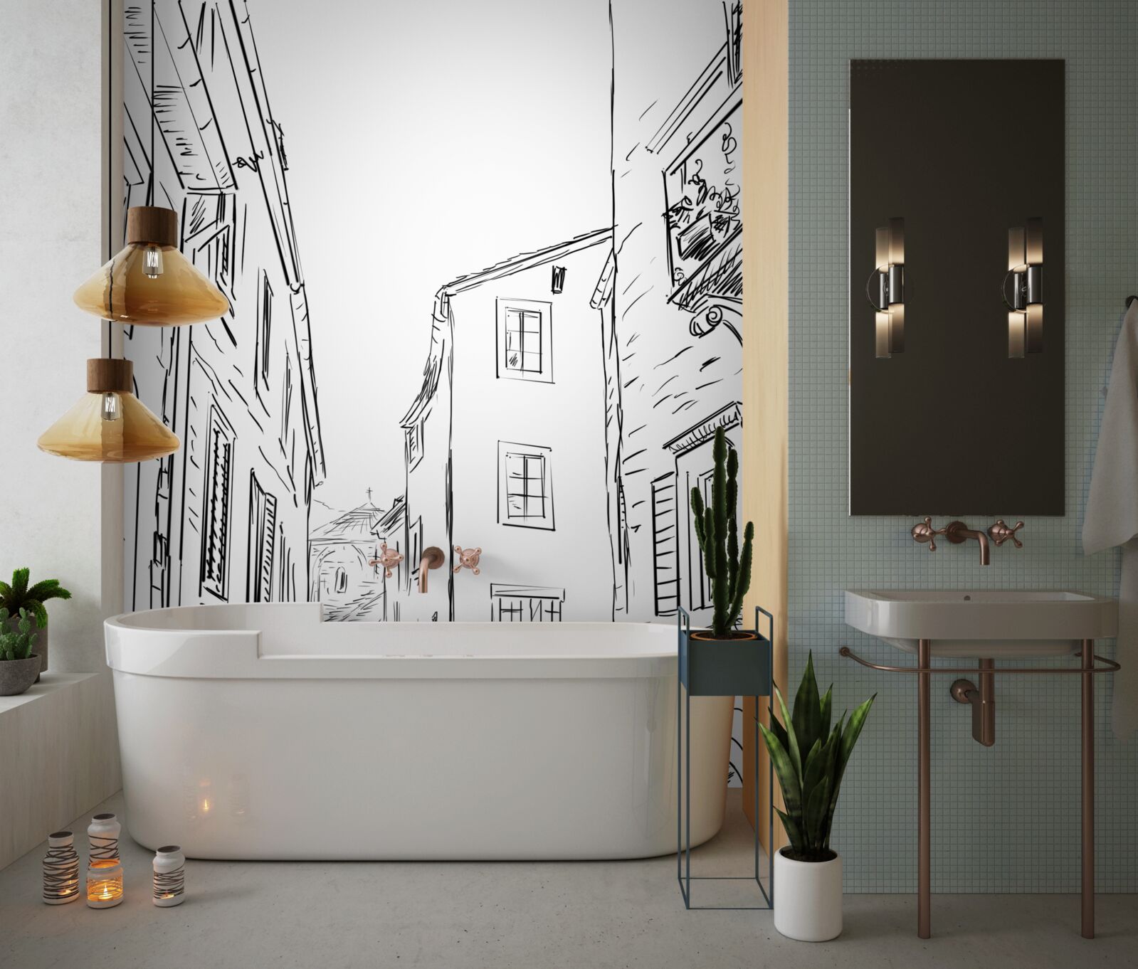 Fotobehang potloodtekening van een oude stad