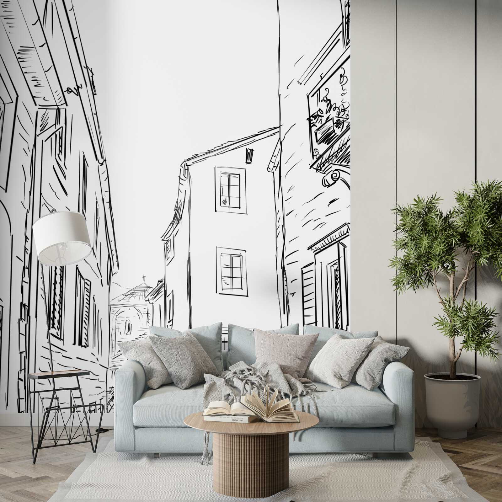 Fotobehang potloodtekening van een oude stad