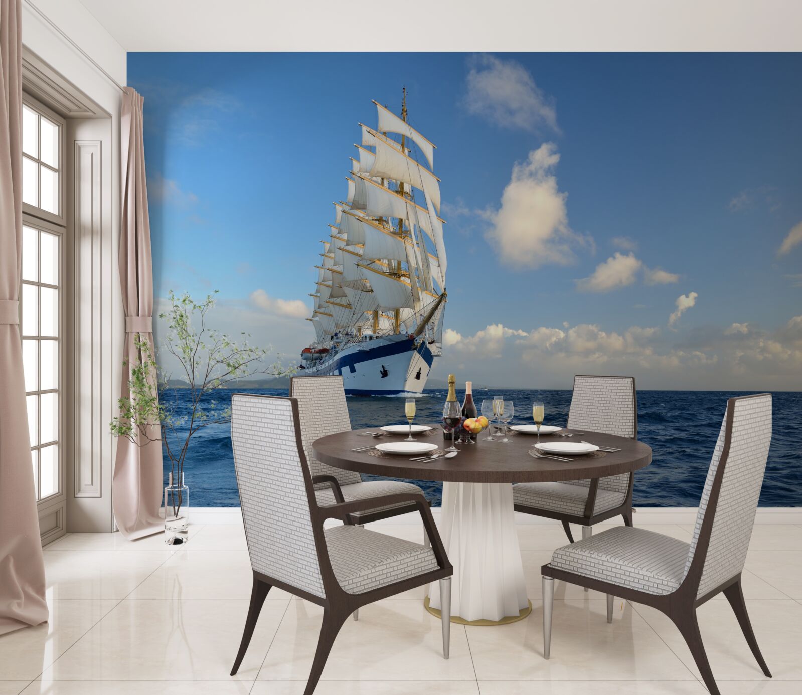 Fotobehang een schip onder zeil op een ruwe zee