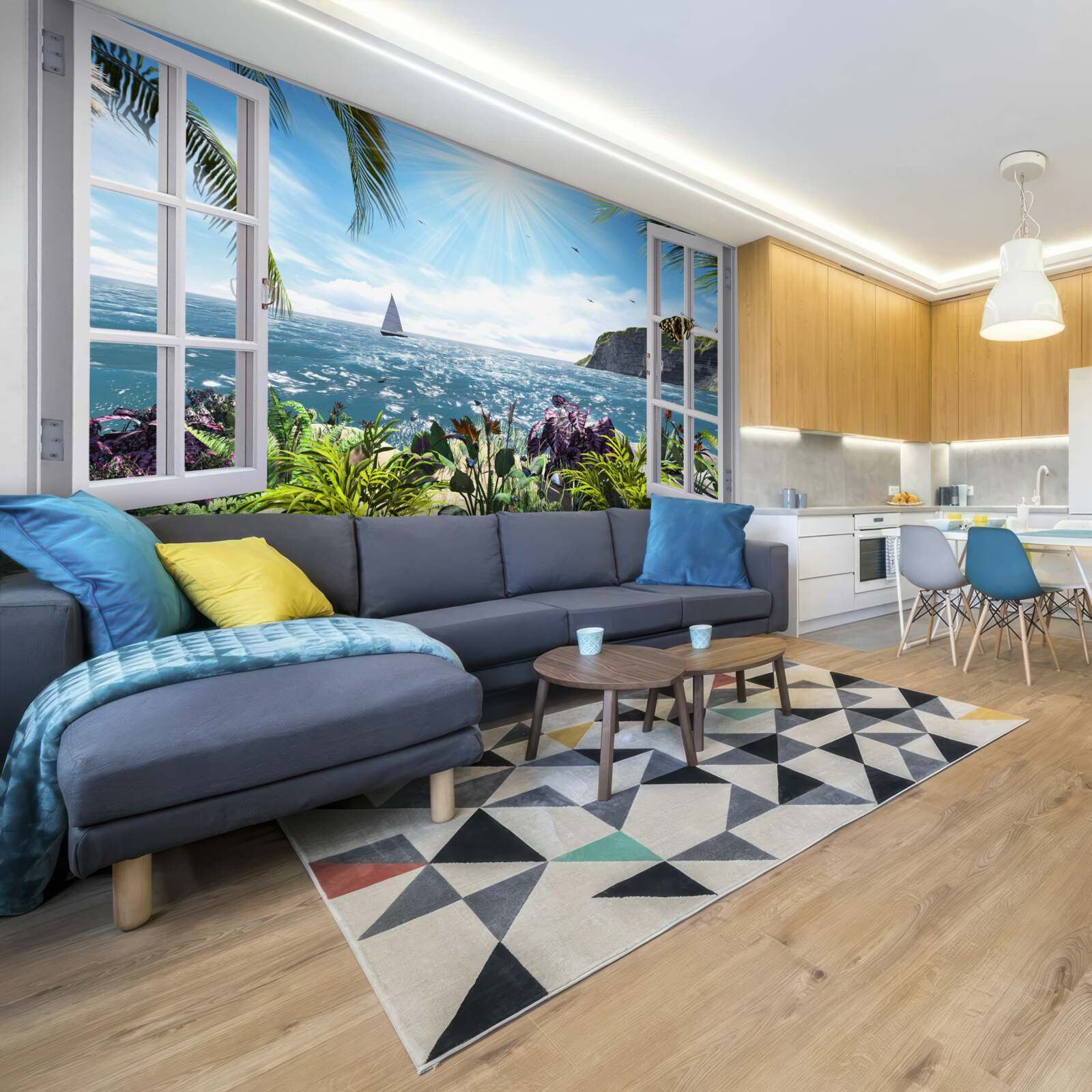 Fotobehang een prachtig uitzicht op de oceaan vanuit het raam