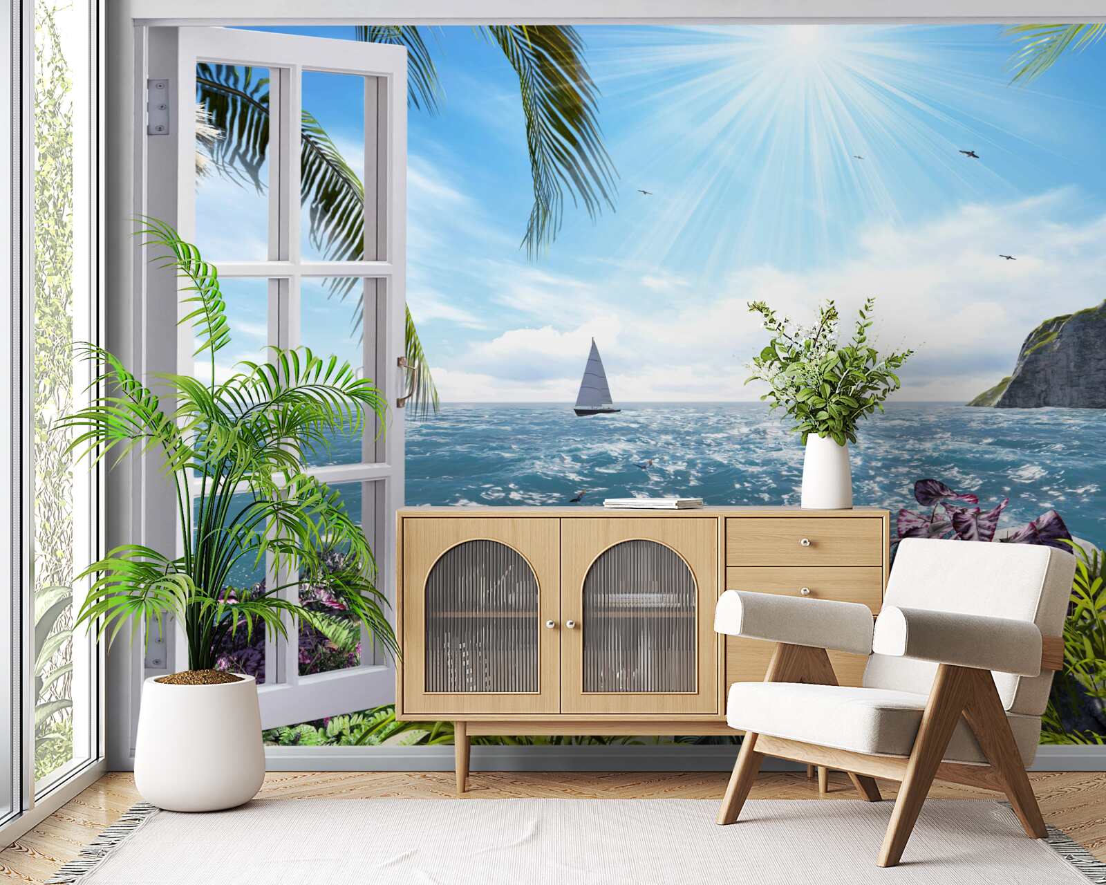 Fotobehang een prachtig uitzicht op de oceaan vanuit het raam