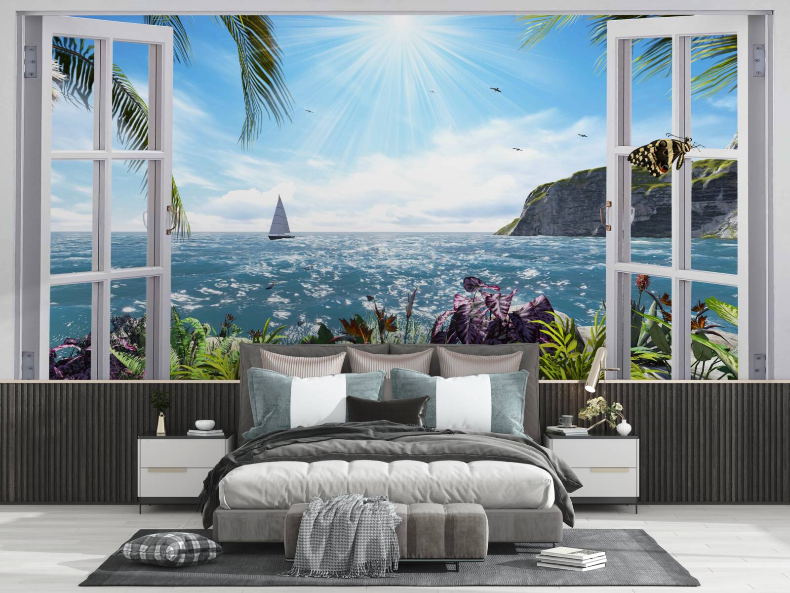 Fotobehang een prachtig uitzicht op de oceaan vanuit het raam