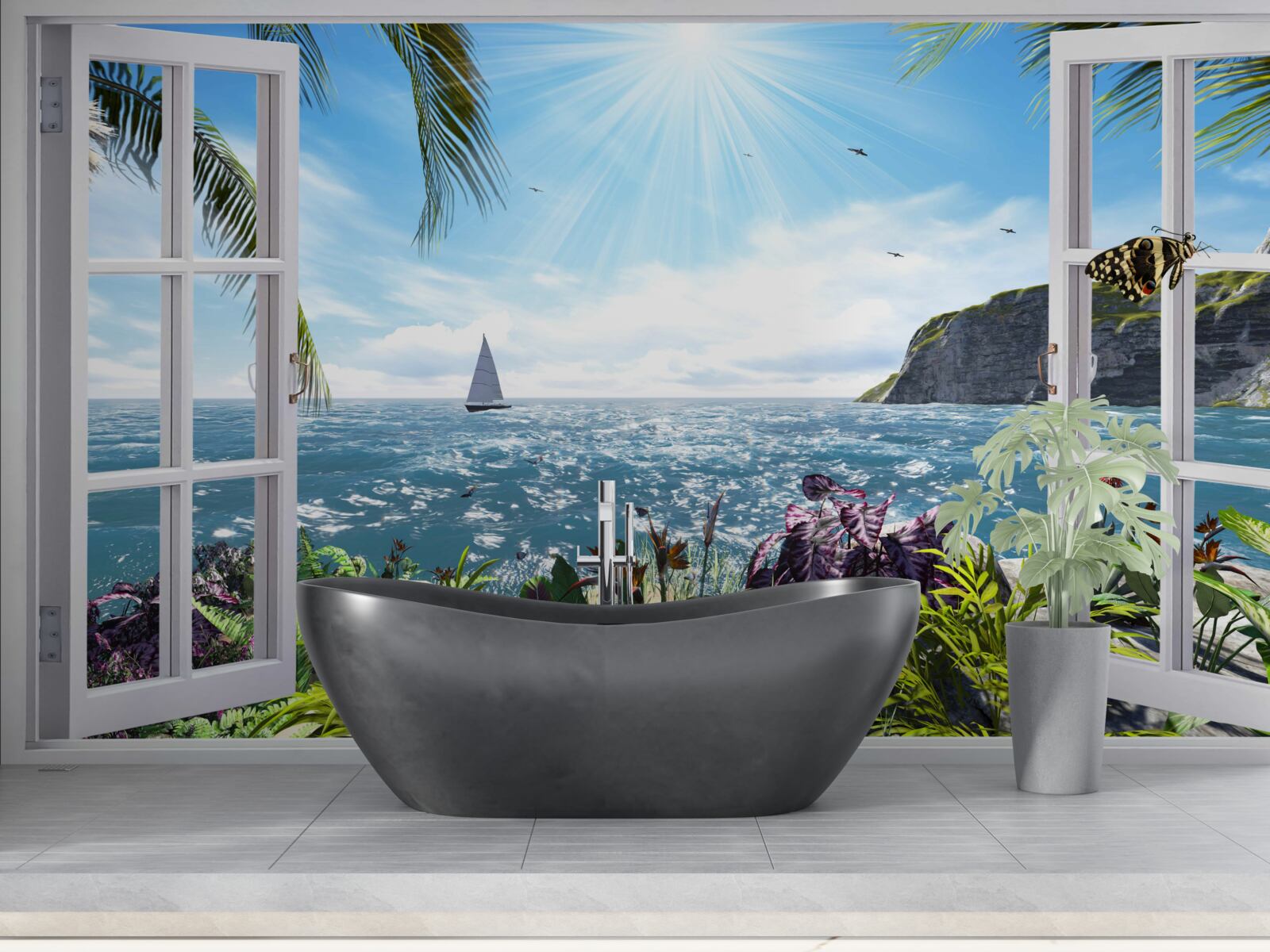 Fotobehang een prachtig uitzicht op de oceaan vanuit het raam