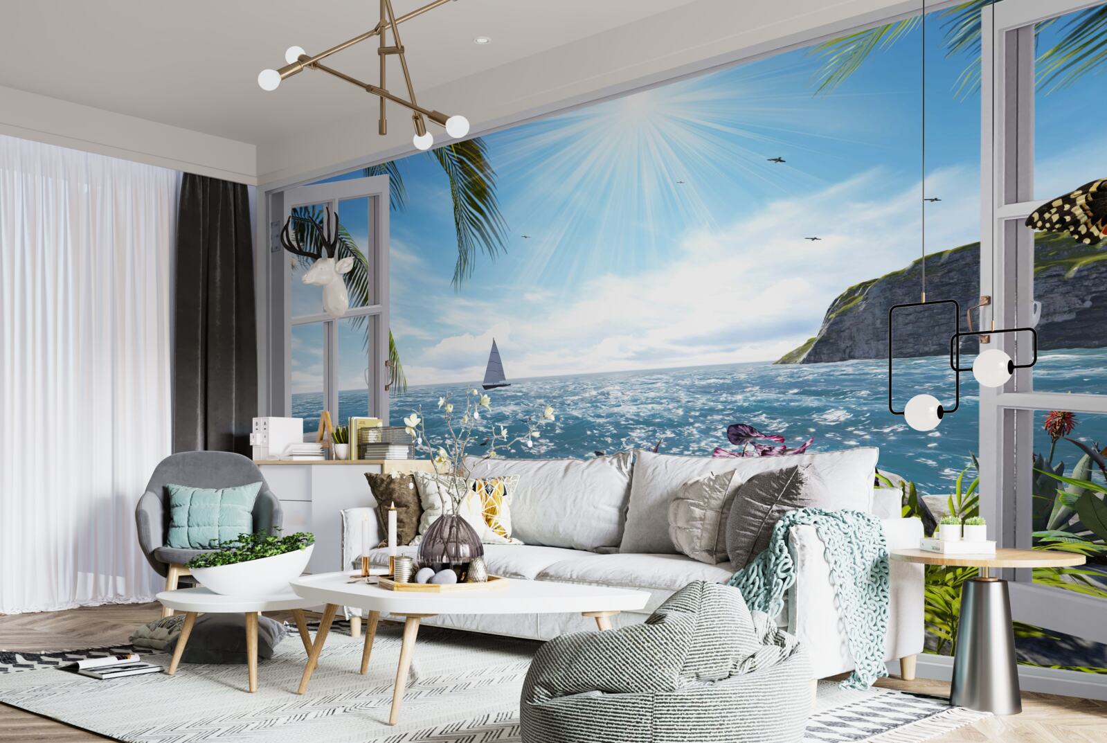 Fotobehang een prachtig uitzicht op de oceaan vanuit het raam