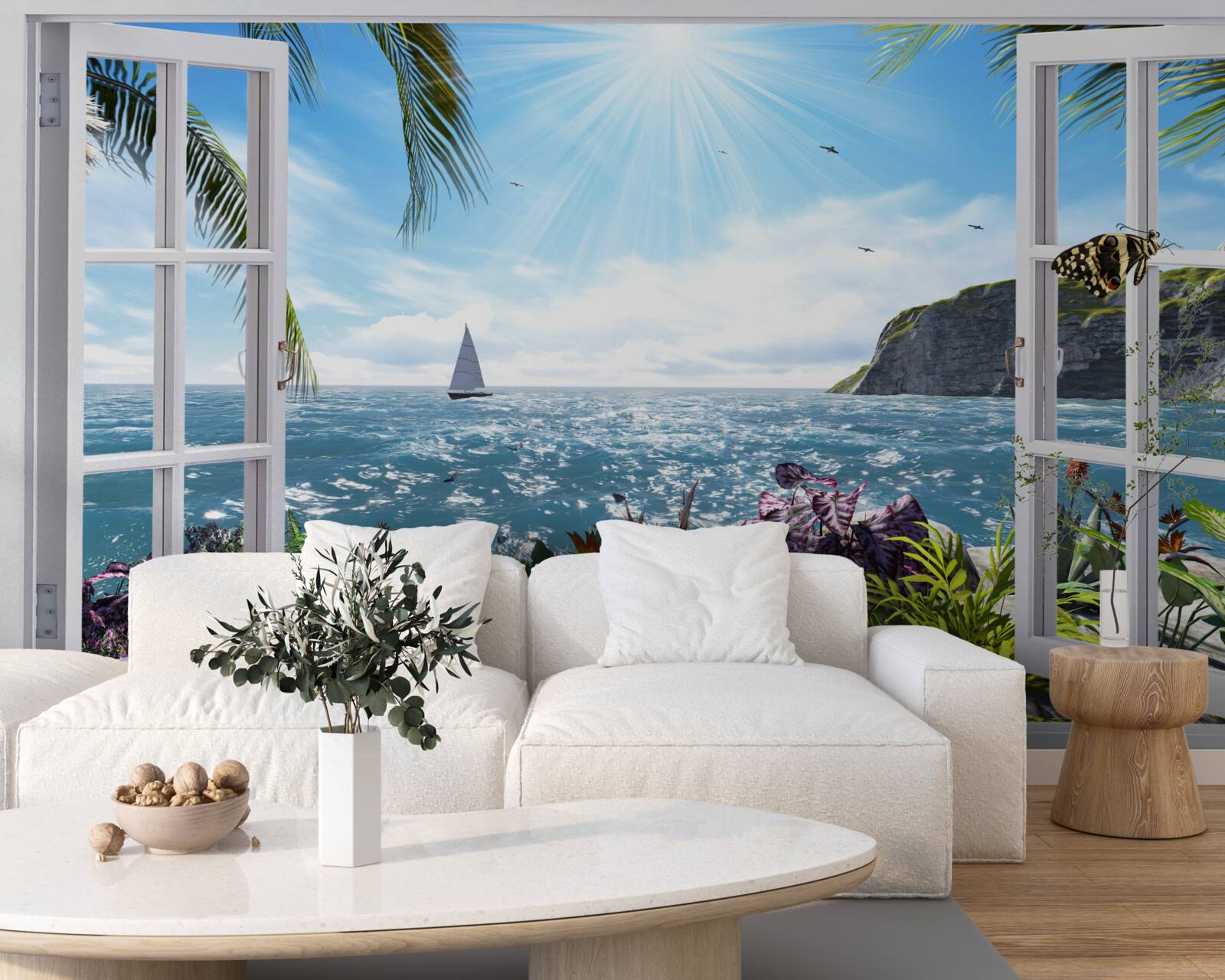 Fotobehang een prachtig uitzicht op de oceaan vanuit het raam