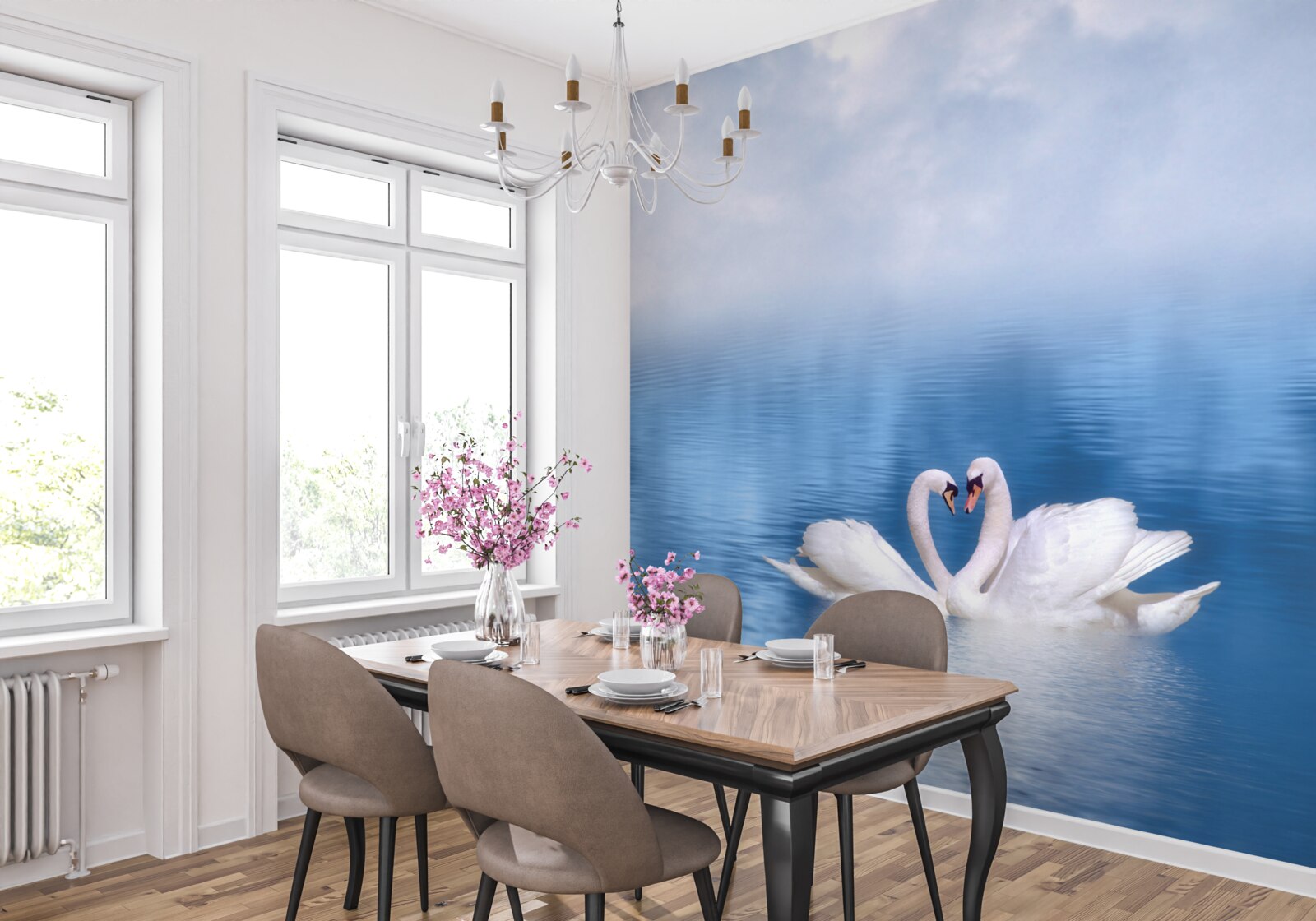 Fotobehang twee zwanen op een kalm oppervlak