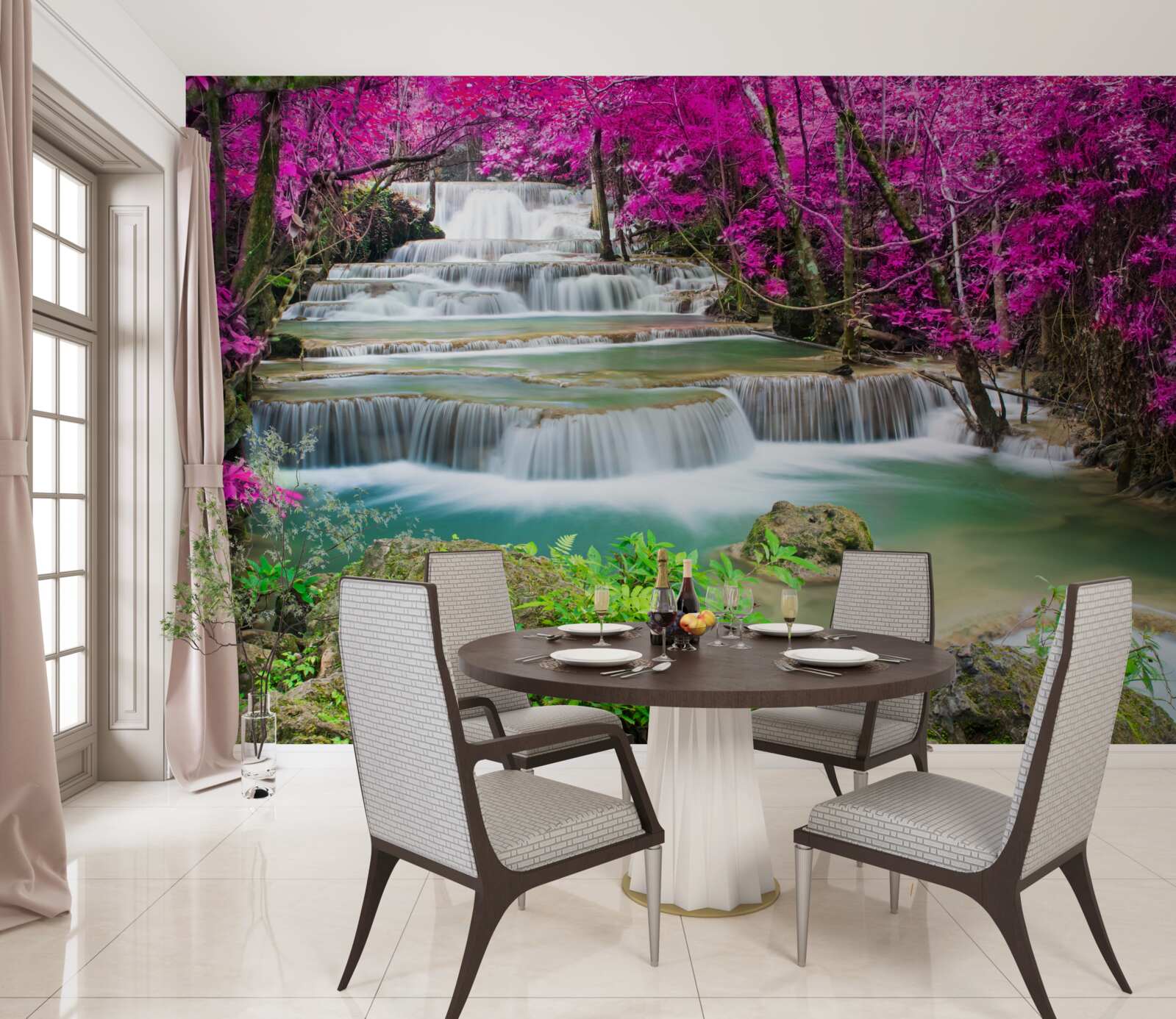 Fotobehang bloeiende bomen bij een trapsgewijze waterval