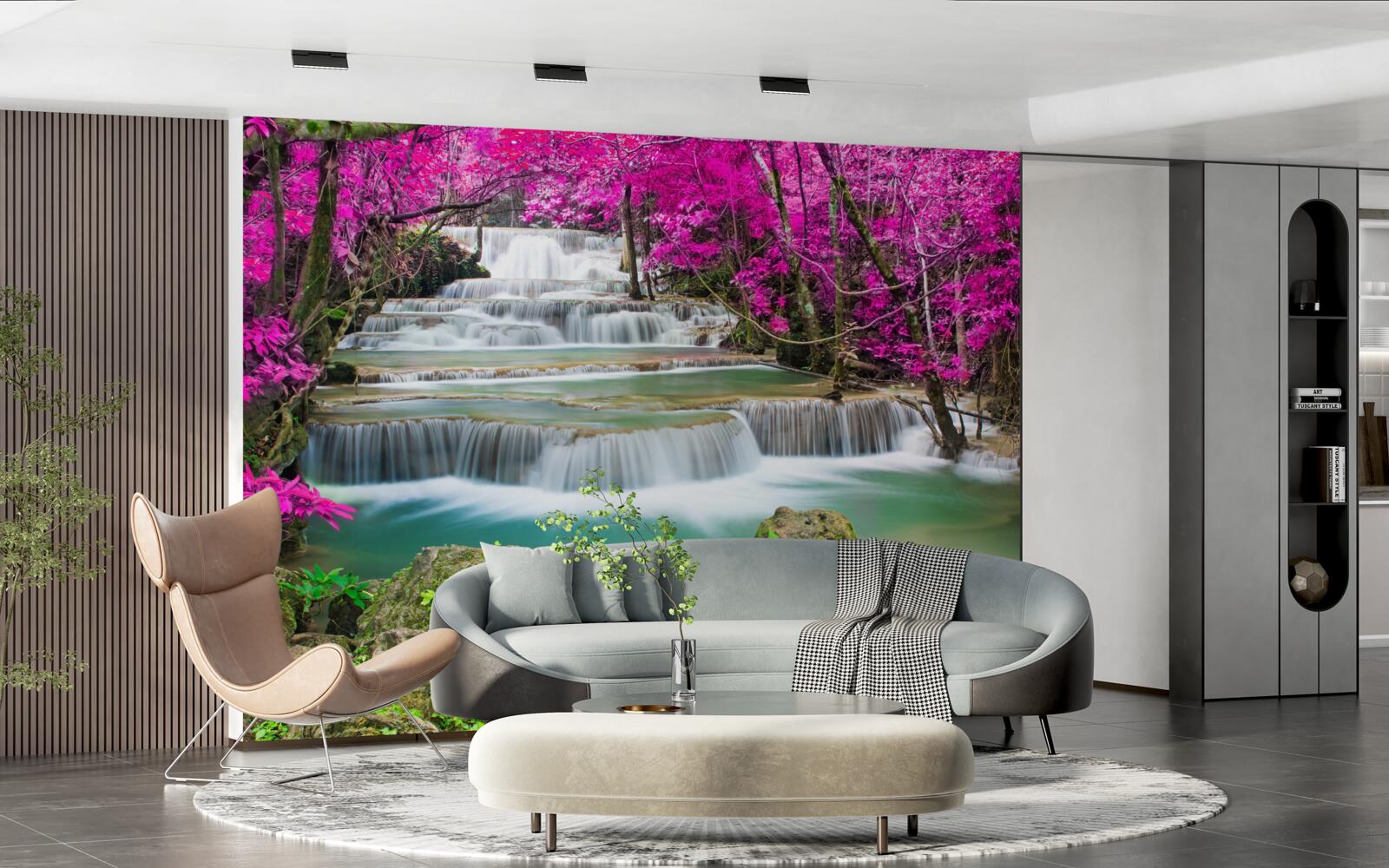 Fotobehang bloeiende bomen bij een trapsgewijze waterval