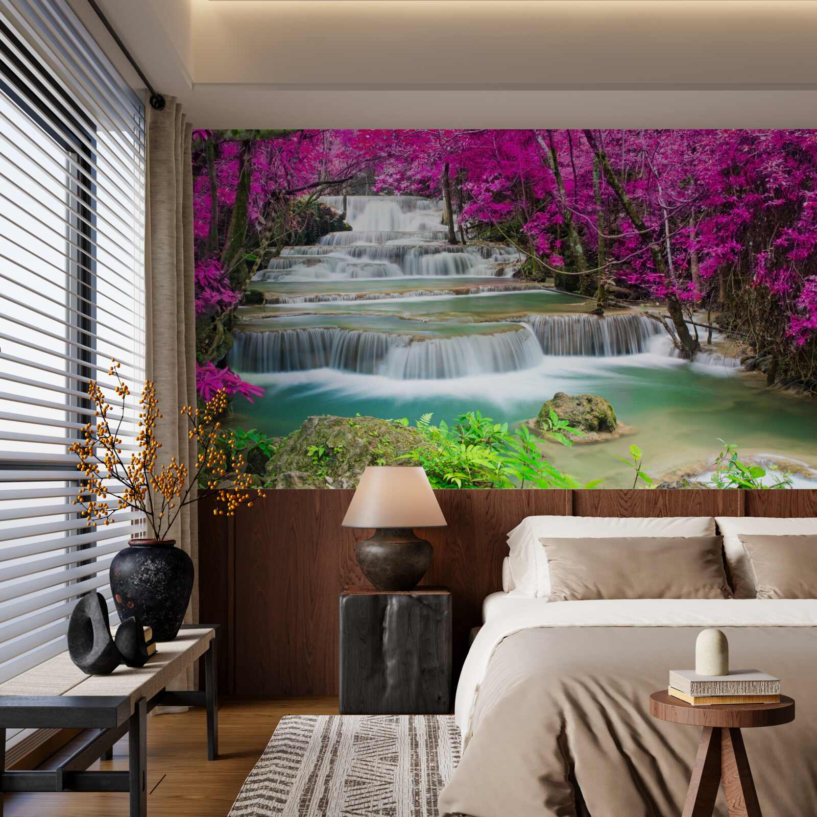 Fotobehang bloeiende bomen bij een trapsgewijze waterval