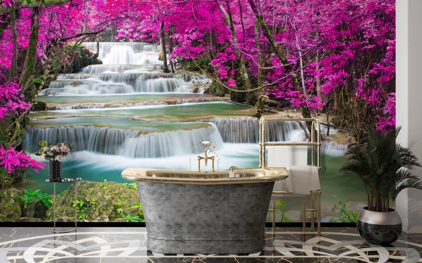 Fotobehang bloeiende bomen bij een trapsgewijze waterval