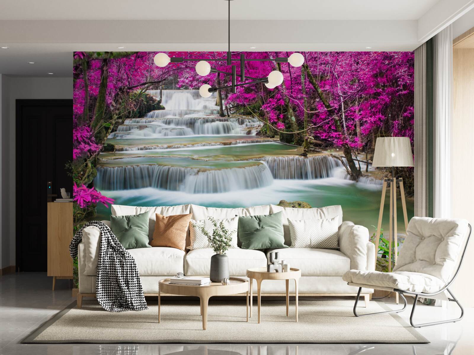 Fotobehang bloeiende bomen bij een trapsgewijze waterval