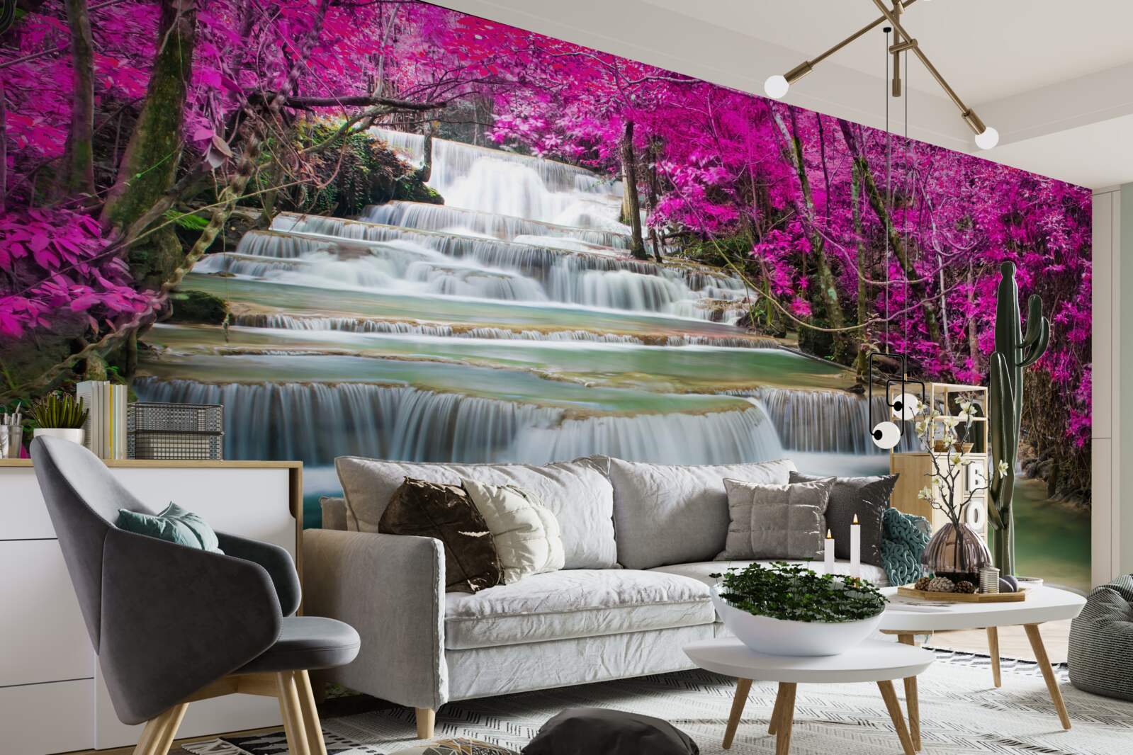 Fotobehang bloeiende bomen bij een trapsgewijze waterval