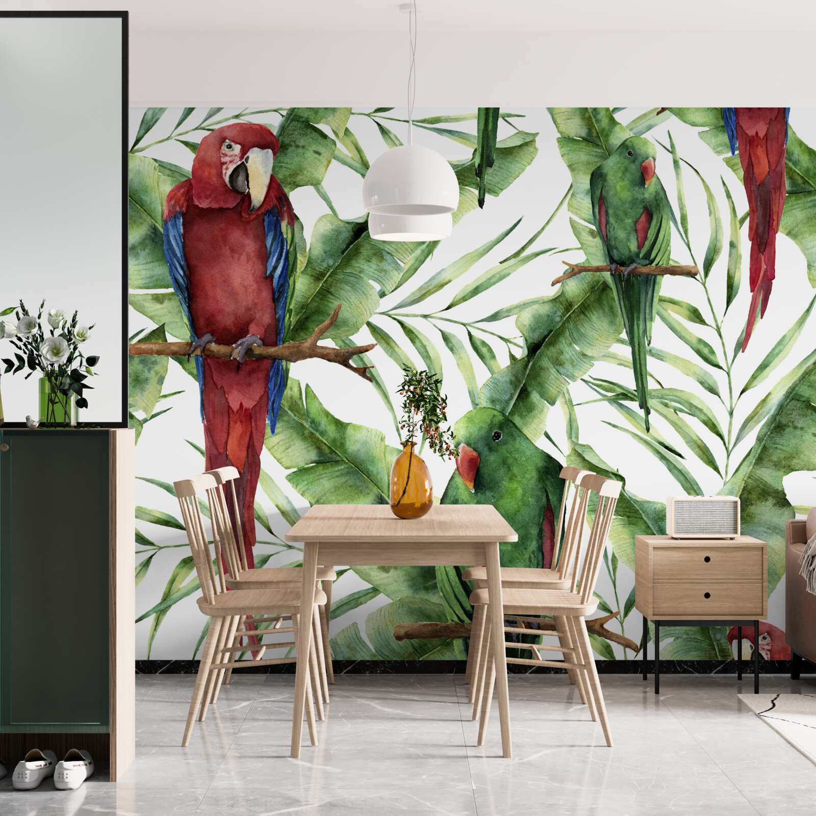 Fotobehang tropische takken met papegaaien