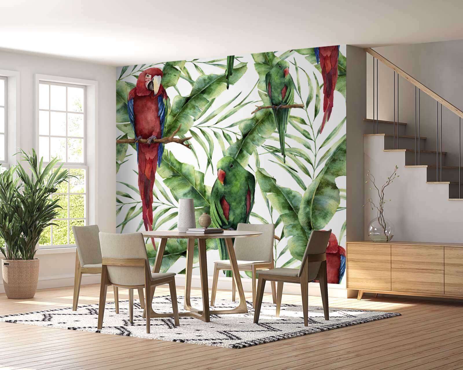 Fotobehang tropische takken met papegaaien