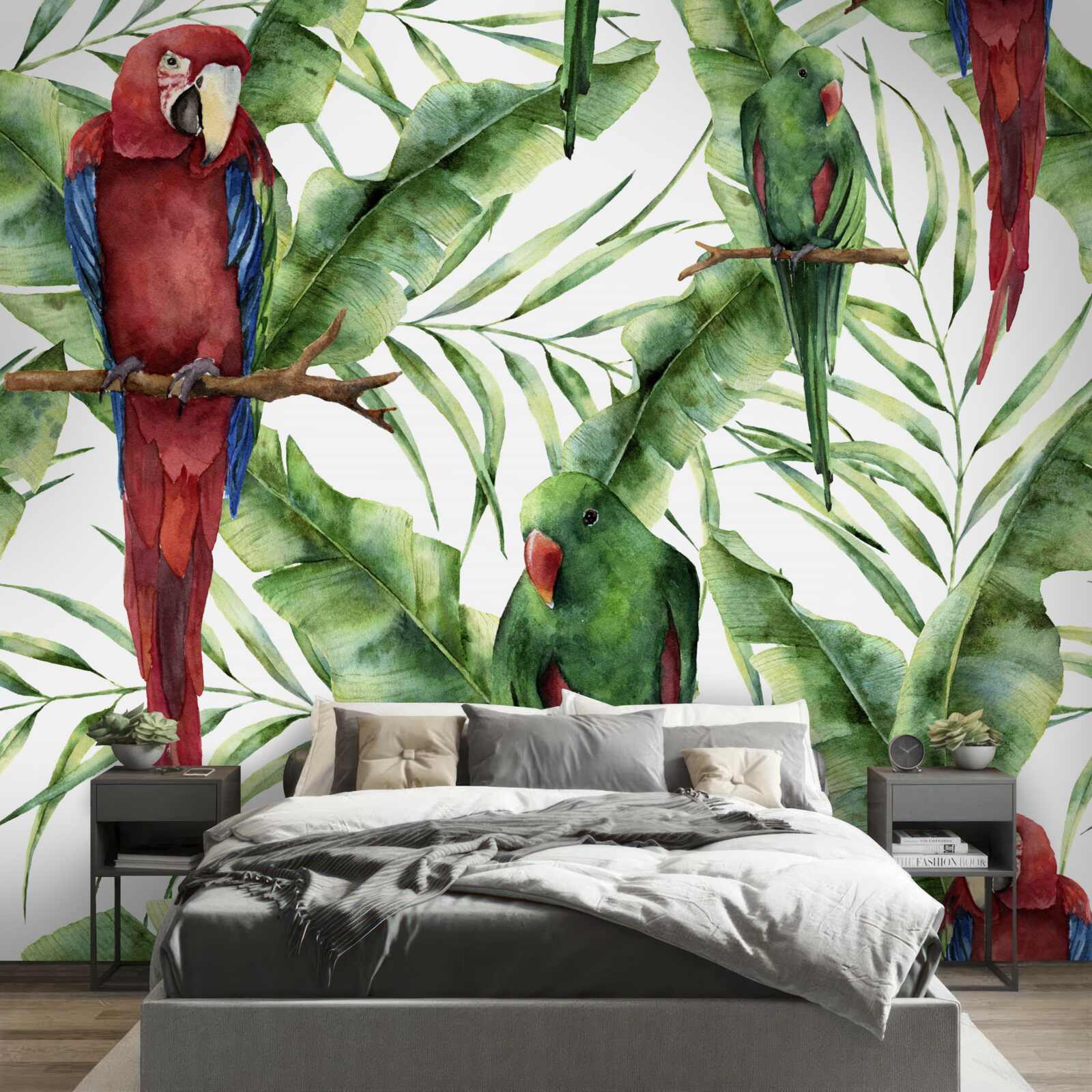 Fotobehang tropische takken met papegaaien