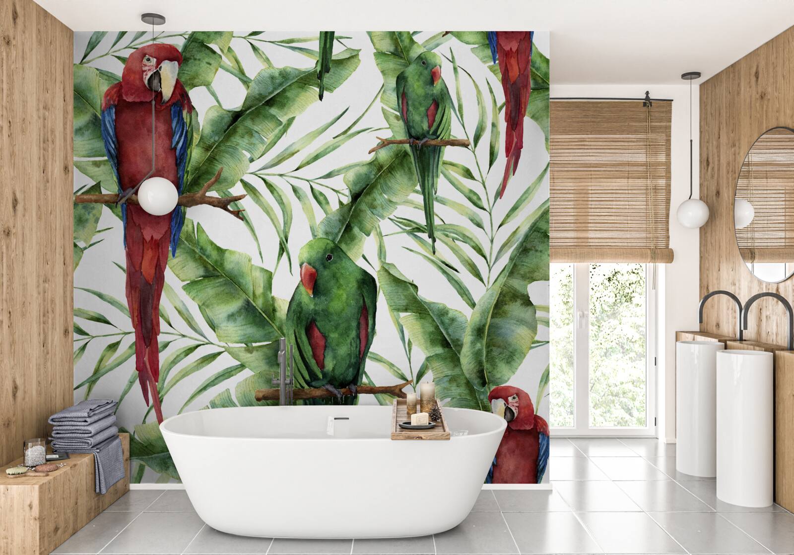 Fotobehang tropische takken met papegaaien