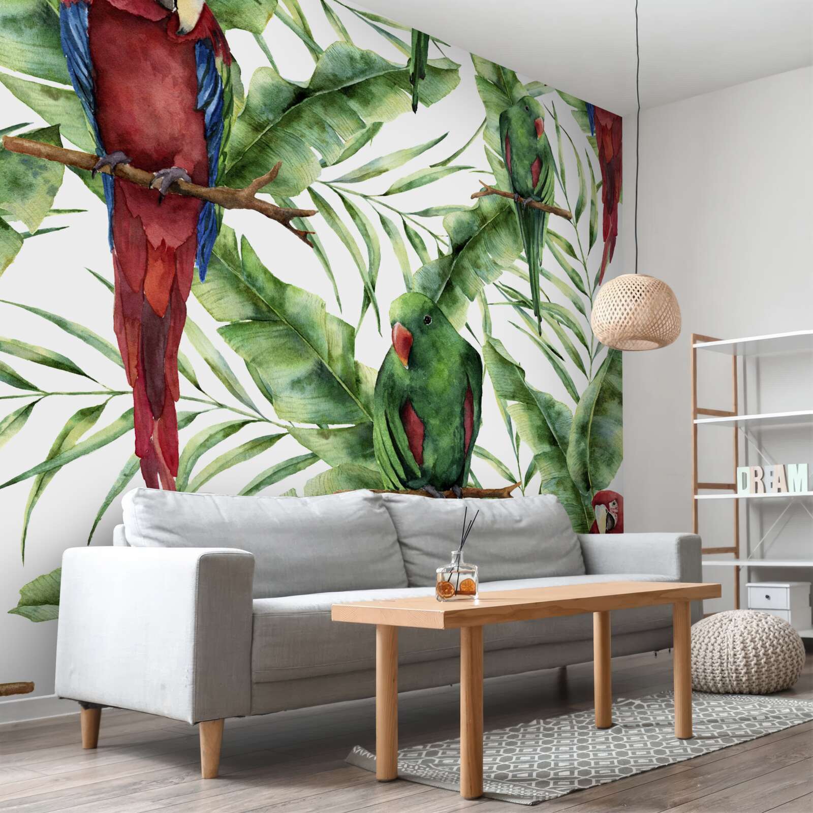 Fotobehang tropische takken met papegaaien