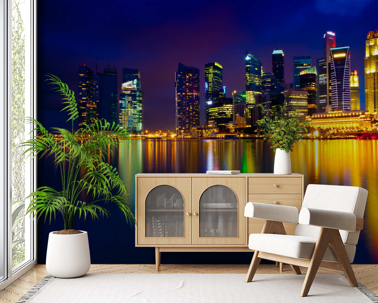 Fotobehang weerspiegeling van stedelijke landschappen in water