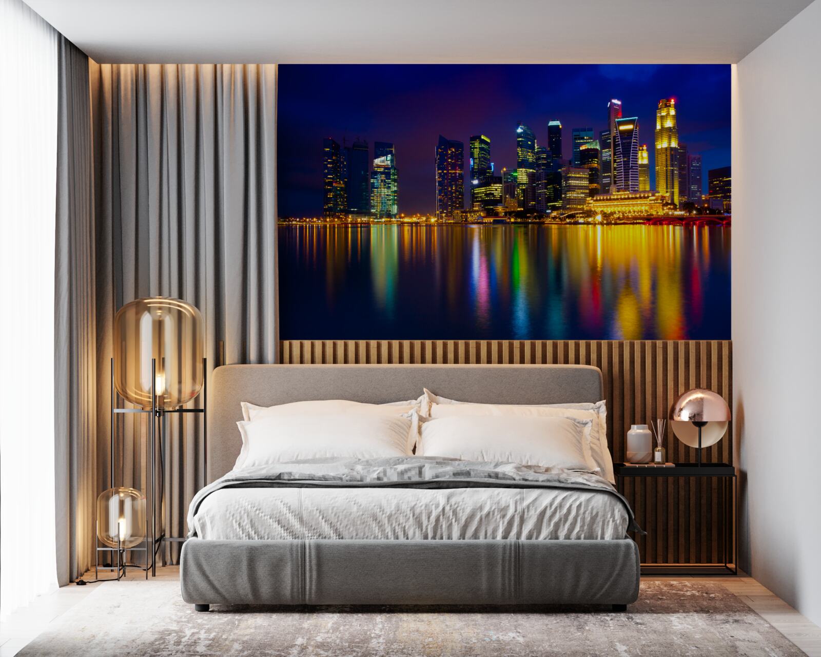 Fotobehang weerspiegeling van stedelijke landschappen in water