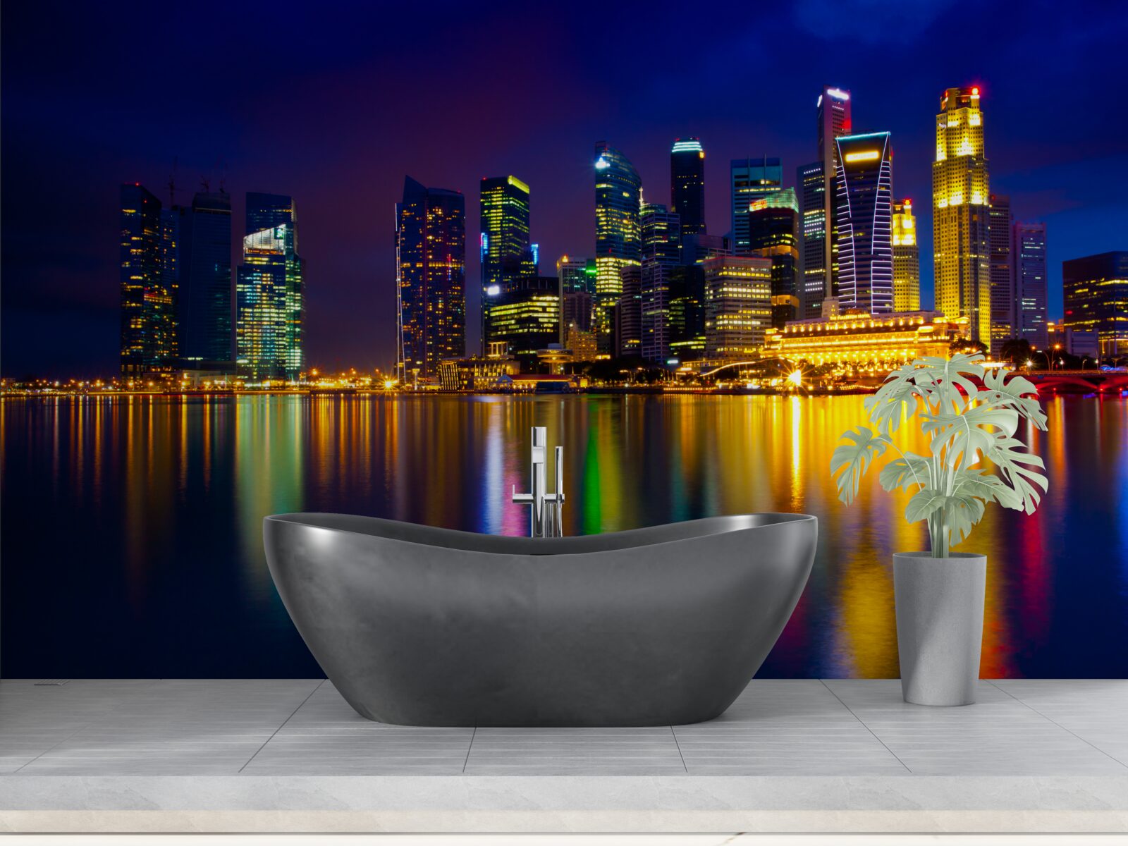 Fotobehang weerspiegeling van stedelijke landschappen in water