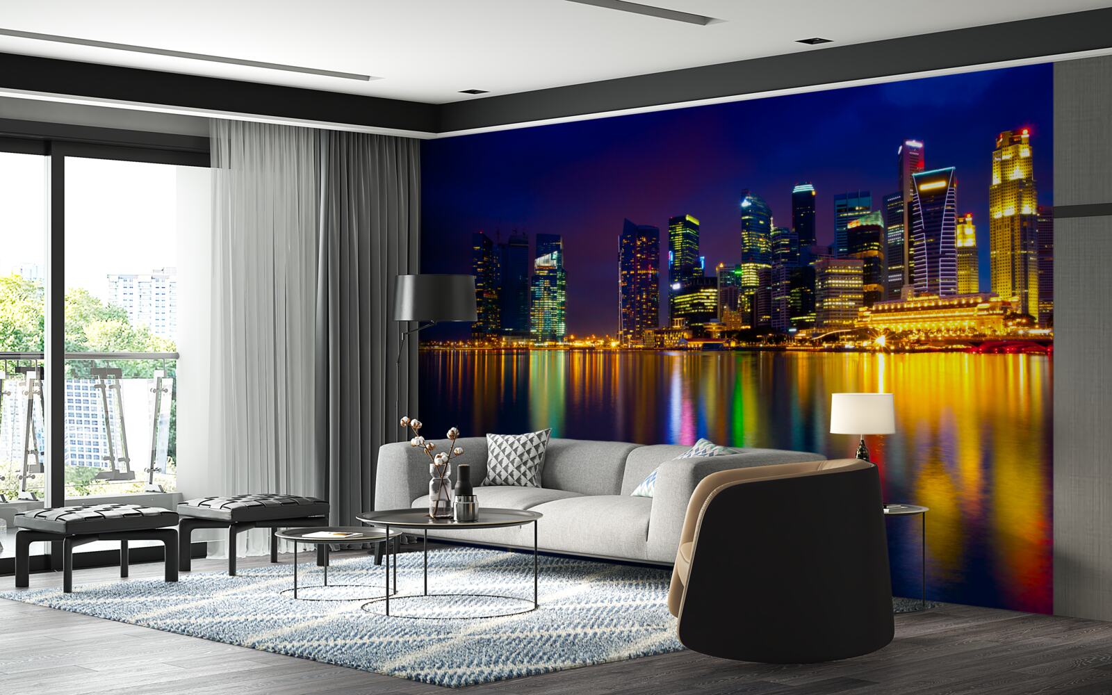 Fotobehang weerspiegeling van stedelijke landschappen in water